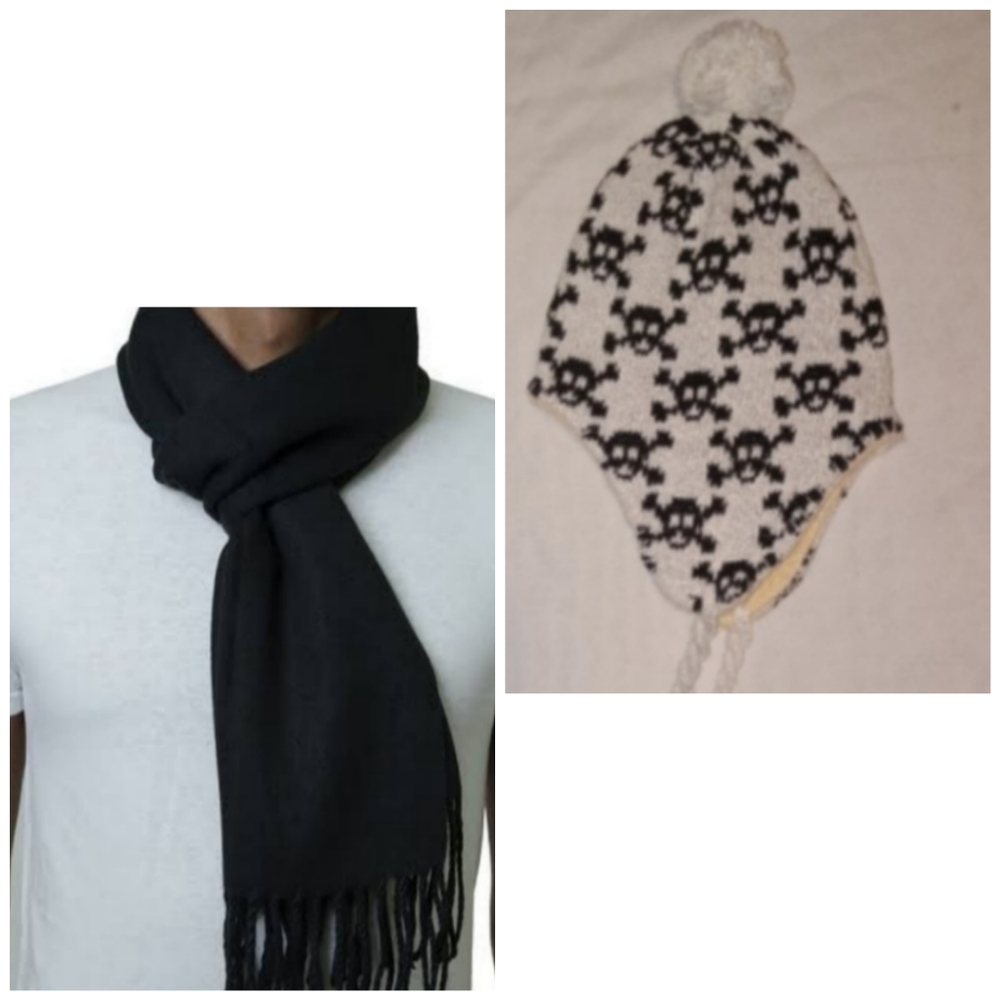Knitted Skull Hat with Scarf Set Winter Goth Retro Grunge Punk Urban Gift Warm